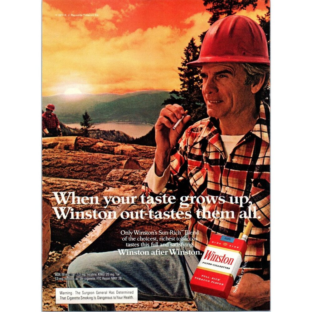 1980 Winston Cigarettes Logger Logging Vintage Print Ad Sunset 80s Wall Art